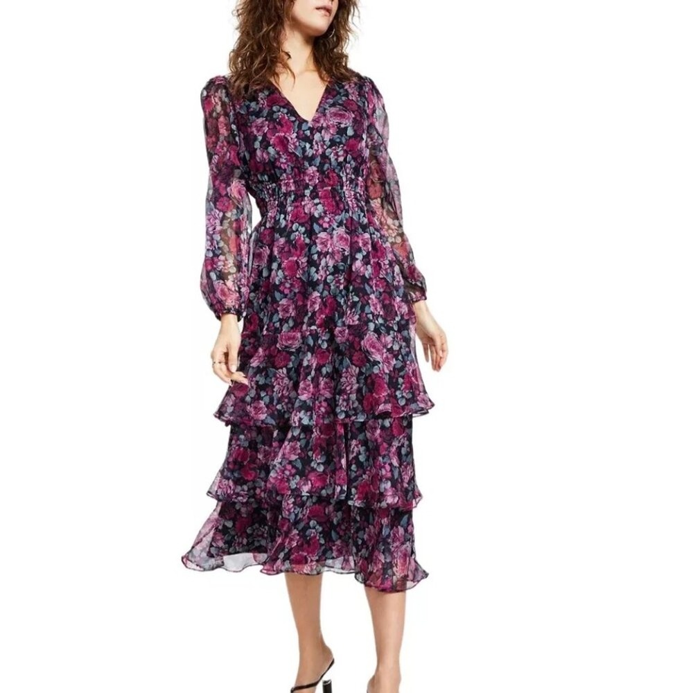 Lucy Paris Purple Floral Tiered Ruffle Midi Dress Long Sleeve Smocked Waist  V